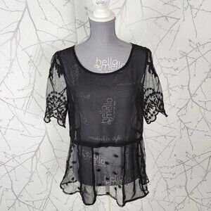 Frenchi Black Sheer Floral Lace Mesh Round Neck Top